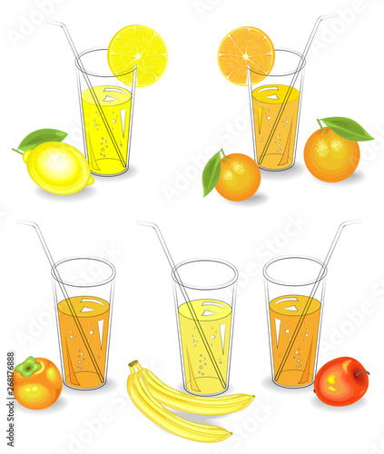 Collection. Glasses of natural fruit juice lemon, mandarin, banana, apple, persimmon. Vector illustration, set