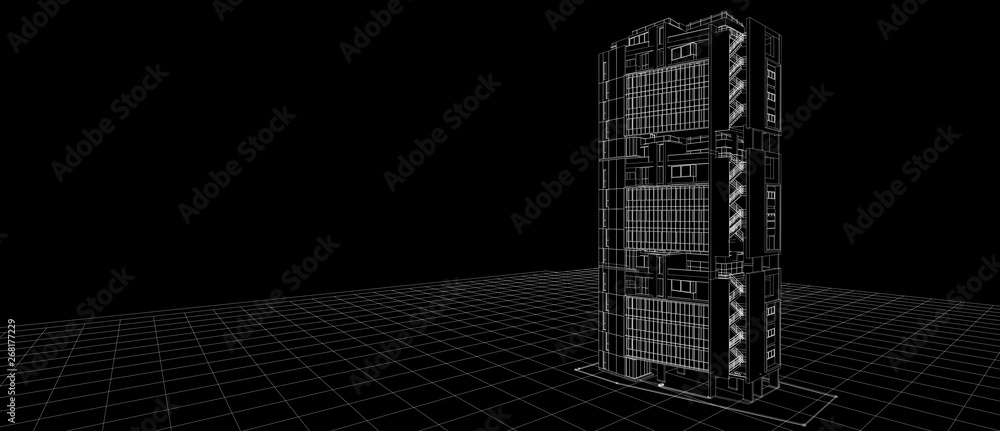 Fototapeta premium Architecture exterior facade design concept 3d building perspective white wire frame rendering black background