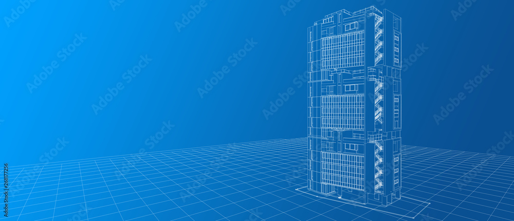 Architecture exterior facade building design concept 3d perspective white wire-frame rendering gradient blue background