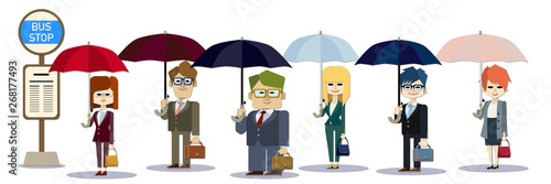 雨の日のバス停に並ぶ明るい顔の社会人たち