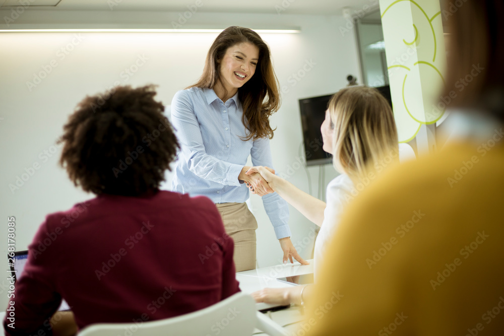 Fototapeta premium Smiling young woman standing near whiteboard and shaking hand to her female colleague