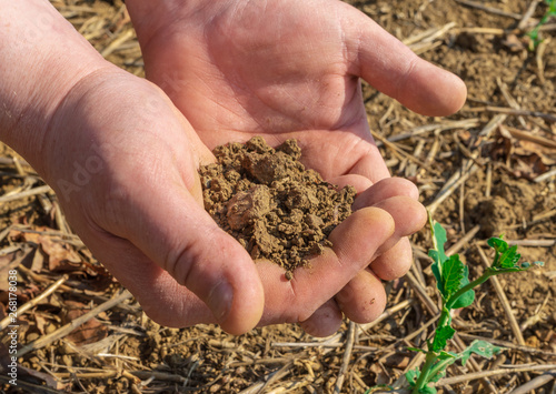 Man's hands holding soil in spring field. Close up