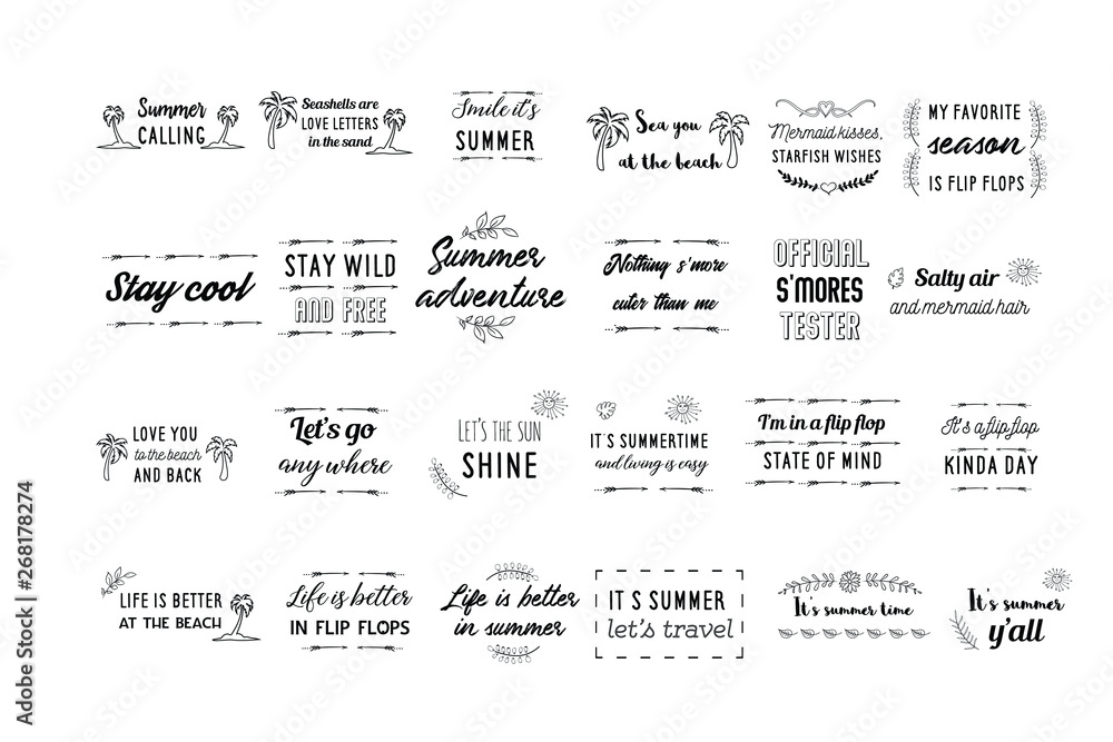 Set of vector calligraphy sayings quotes about summer, travel, halidays, vacation 