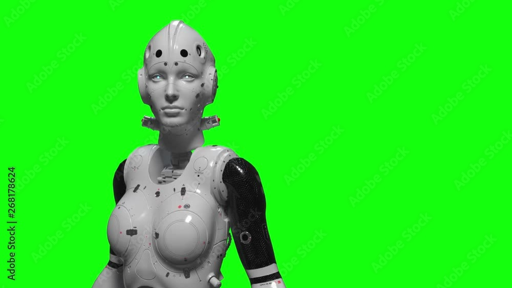 robot woman, sci-fi woman animation of the digital world of the future of neural networks and the artificial intelligence. green background. background for keying. robot woman, sci-fi woman animation of the digital world of the future of neural networks and the artificial intelligence. green background. background for keying.