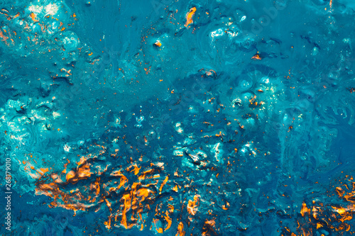 Fototapeta Naklejka Na Ścianę i Meble -  Abstract art texture background. Sea wave, sand design. Beautiful teal blue and orange paint splotch.