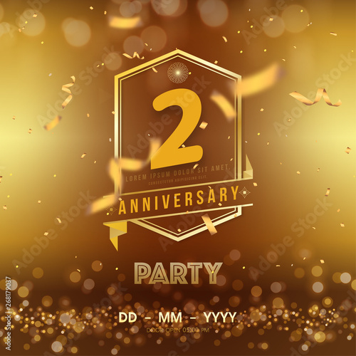 2 years anniversary logo template on gold background. 2nd celebrating golden numbers with red ribbon vector and confetti isolated design elements