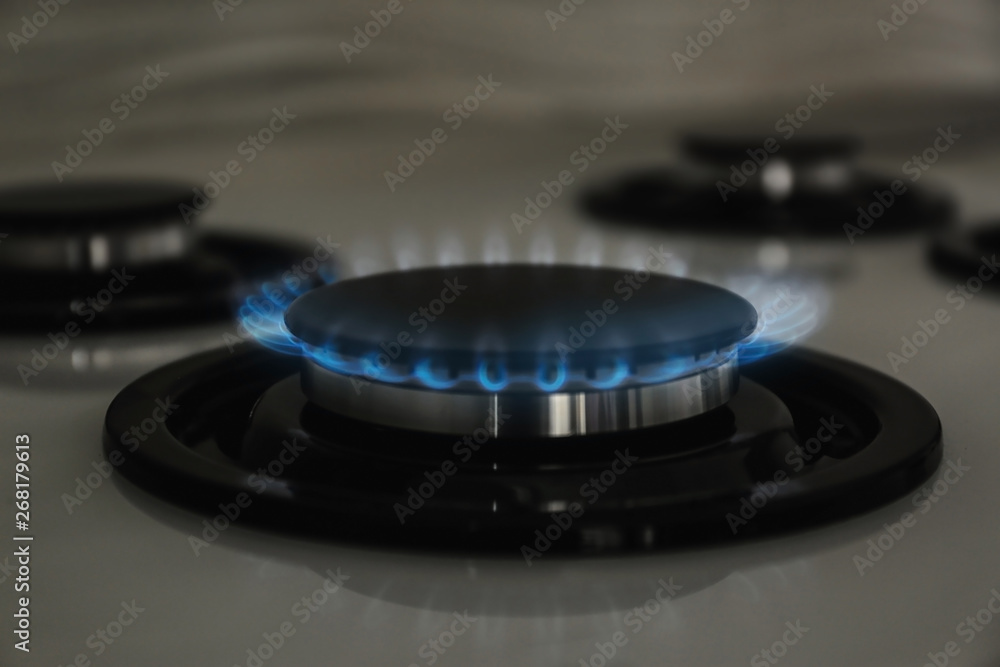 Gas burner with blue flame on modern stove, closeup Gas burner with blue flame on modern stove, closeup