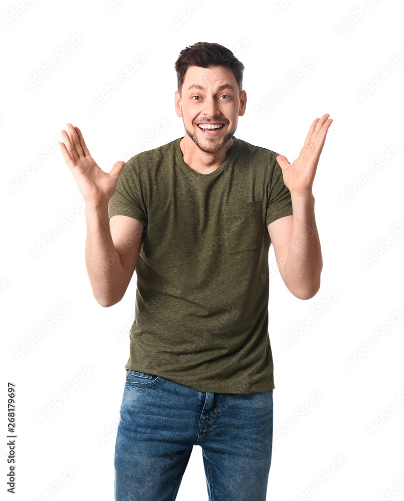 Fototapeta premium Portrait of emotional handsome man on white background