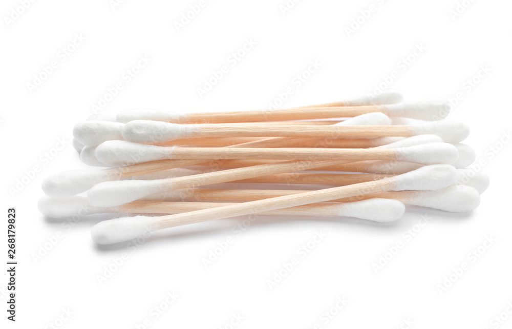 Wooden cotton swabs on white background. Hygienic accessory Wooden cotton swabs on white background. Hygienic accessory