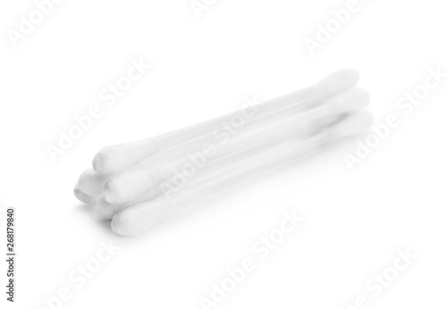 Plastic cotton swabs on white background. Hygienic accessory