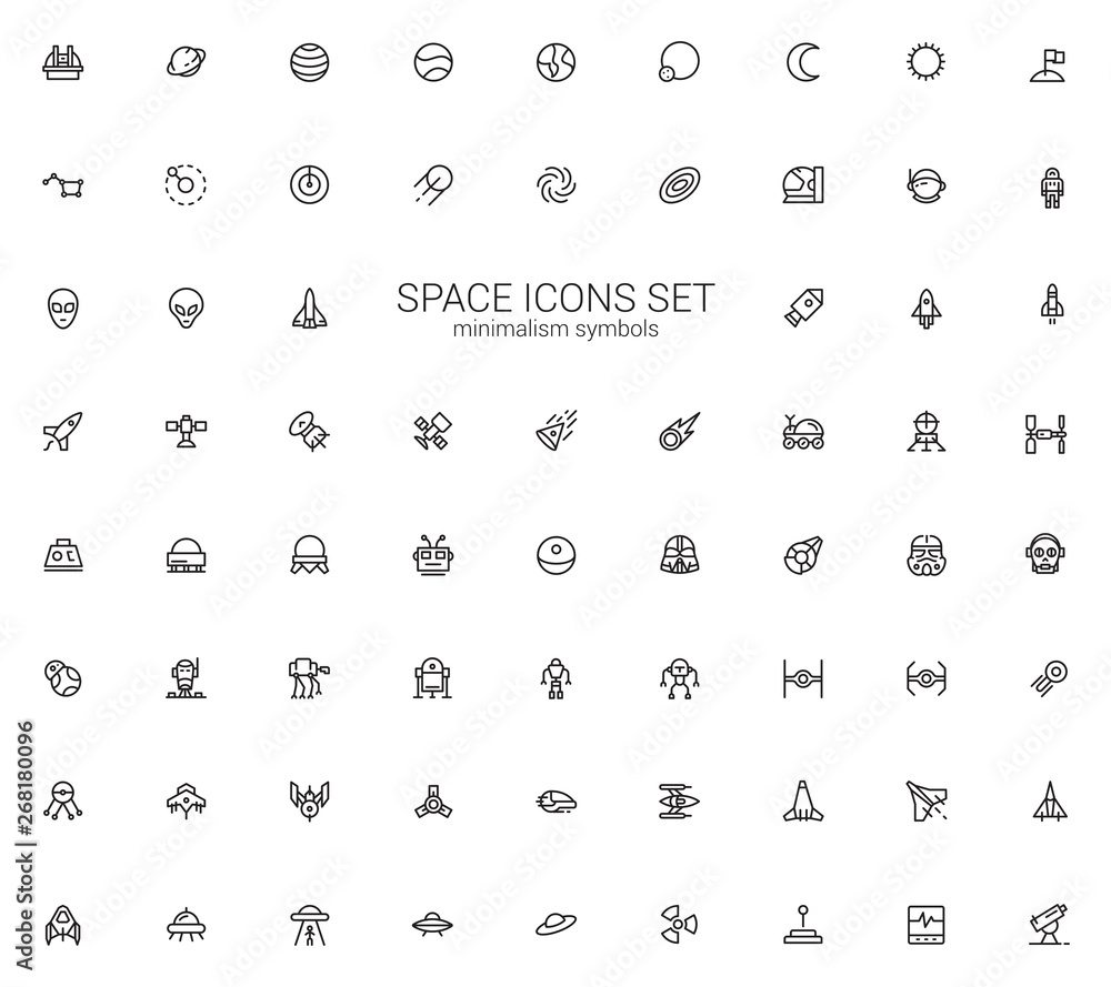 Space icon set. Star stations, Robots and spaceships symbols ...