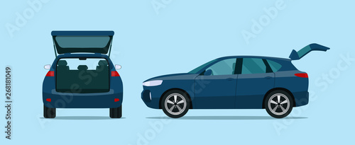 SUV car with open boot. Side and back view. Vector flat style illustration