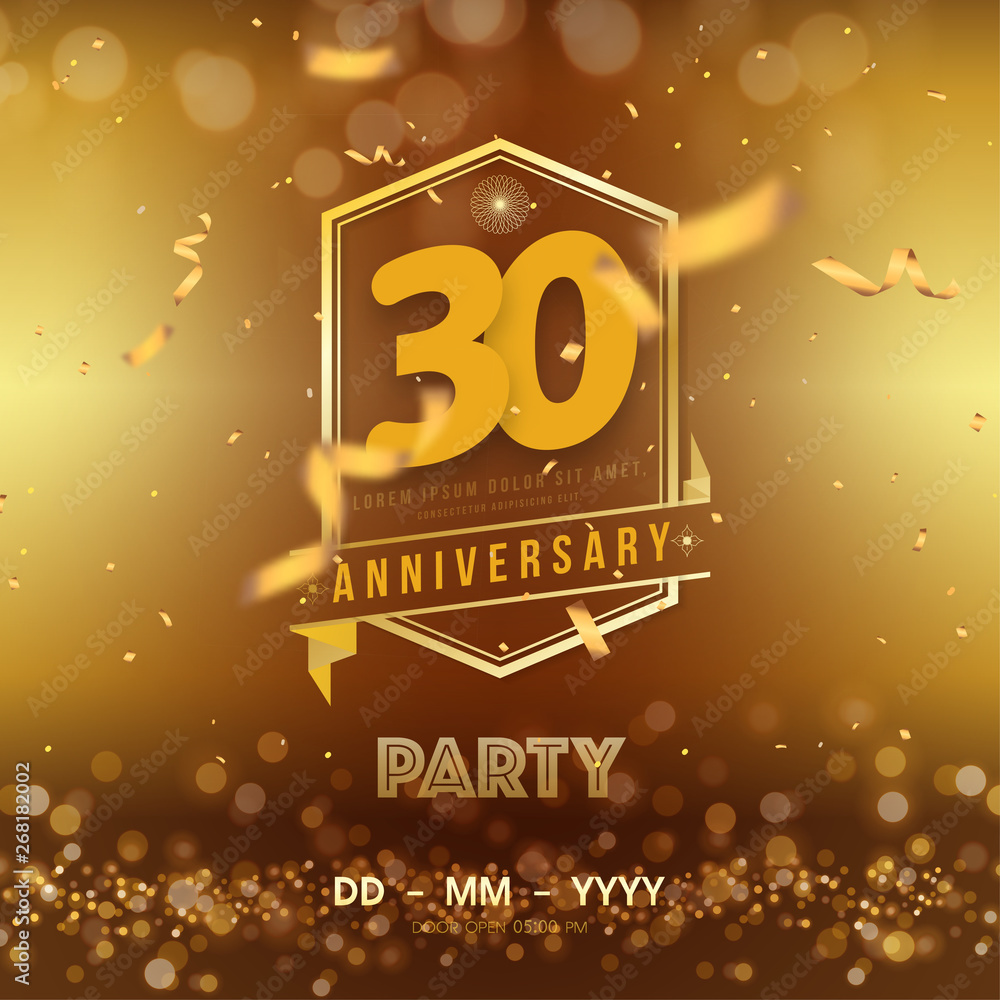 30 years anniversary logo template on gold background. 30th celebrating golden numbers with red ribbon vector and confetti isolated design elements