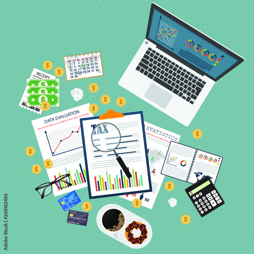 Auditing concept. Realistic design of accounting, research, calculating, management, financial analysis. Top view. Business background with desktop elements.