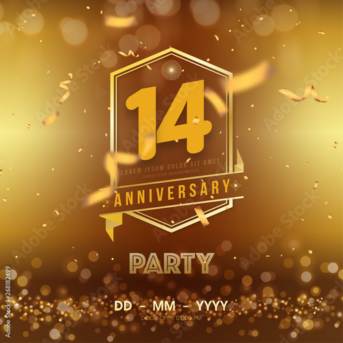 14 years anniversary logo template on gold background. 14th celebrating golden numbers with red ribbon vector and confetti isolated design elements