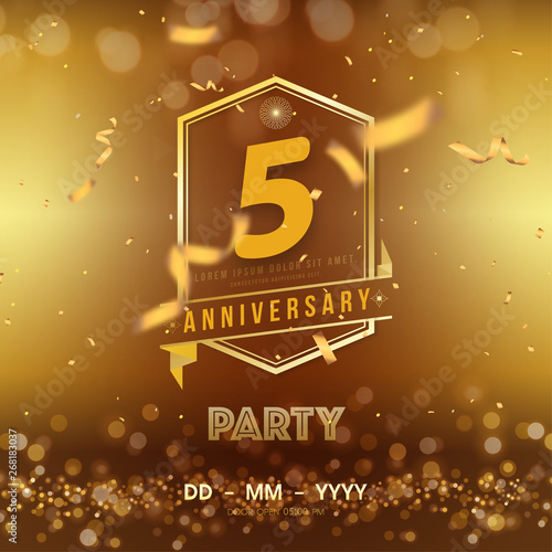 5 years anniversary logo template on gold background. 5th celebrating golden numbers with red ribbon vector and confetti isolated design elements