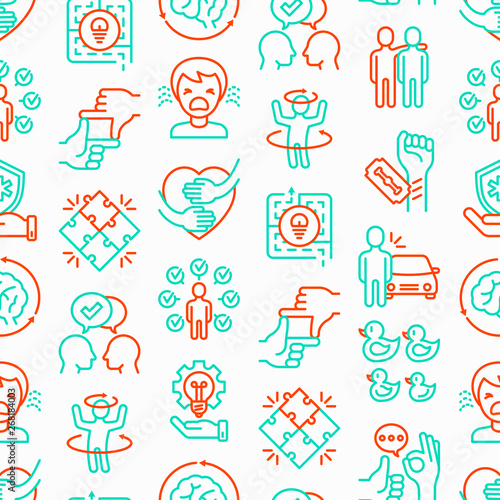 Autism symptoms seamless pattern with thin line icons: repetitive behavior, stereotypy, ignoring of danger, autoaggression, hysterics, communication, social interaction. Modern vector illustration.