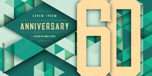 Anniversary emblems celebration logo, 60th birthday vector illustration, with texture background, modern geometric style and colorful polygonal design. 60 Anniversary template design, geometric design