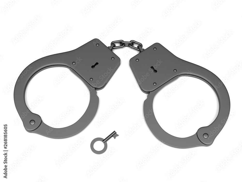 Closed handcuffs with a key. 3d rendering illustration isolated Closed handcuffs with a key. 3d rendering illustration isolated