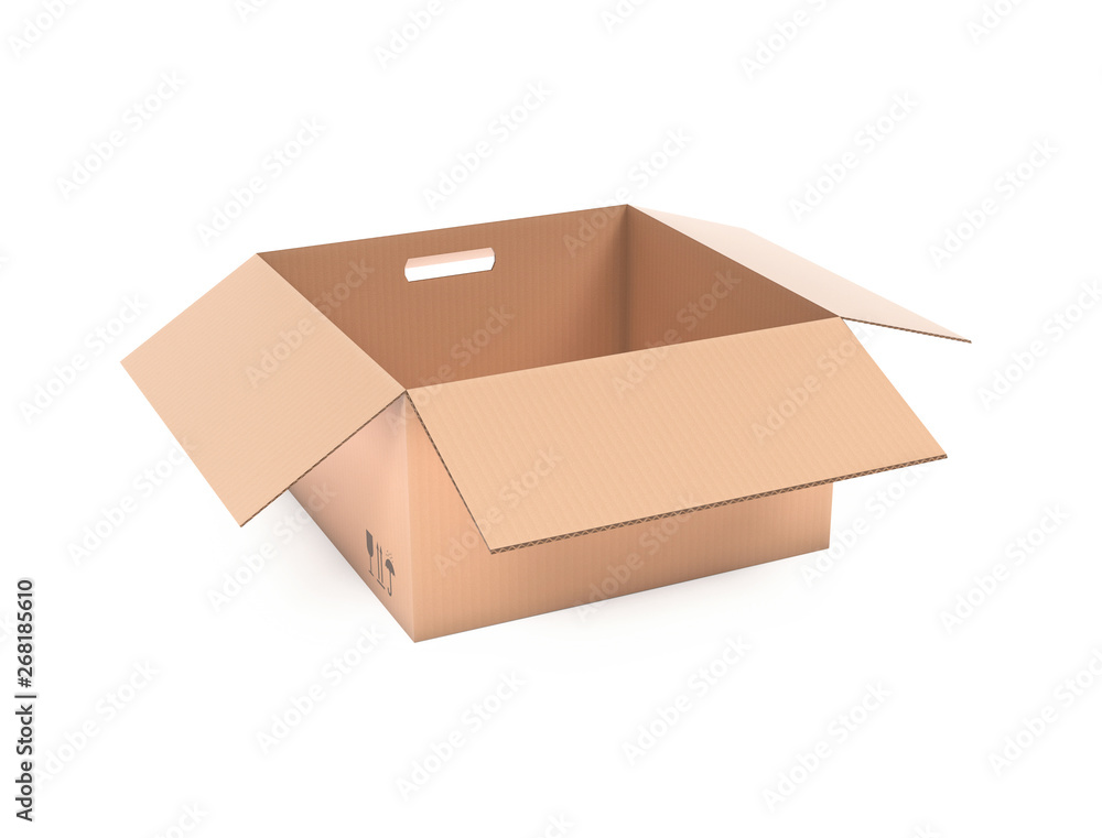 Brown paper cardboard box. With handle holes. 3d rendering illustration isolated Brown paper cardboard box. With handle holes. 3d rendering illustration isolated