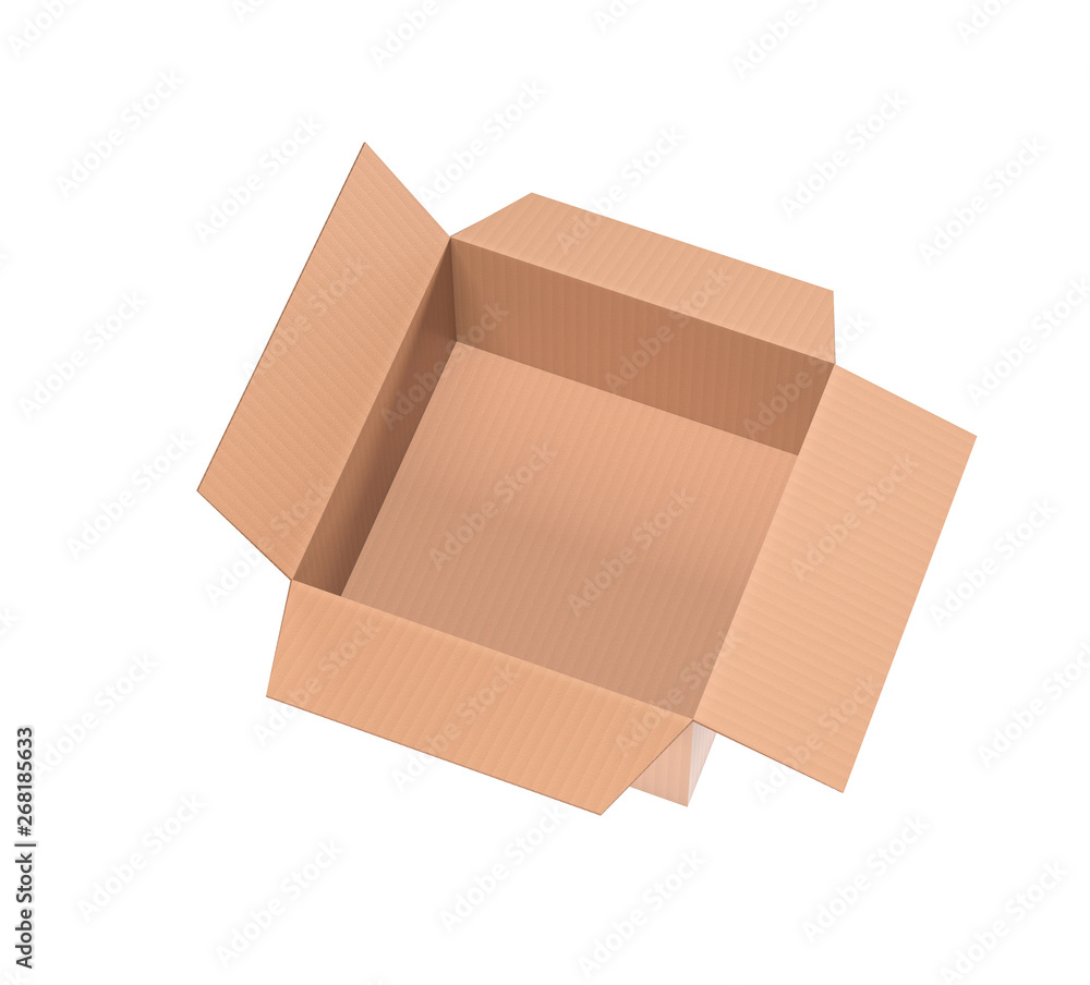 Open paper cardboard box. 3d rendering illustration isolated