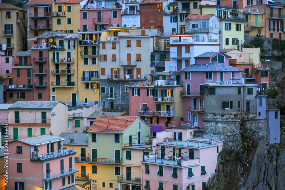 Close view of Manarola houses on the sunset, Cinque Terre, Liguria, Italy. UNESCO heritage