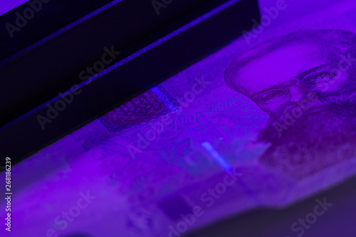 Verifying the authenticity of the fifty hryvnia banknote in ultraviolet light. Ukrainian money. Mykhailo Hrushevsky. Equipment for in-depth inspection of money. Fake money or financial crisis concept