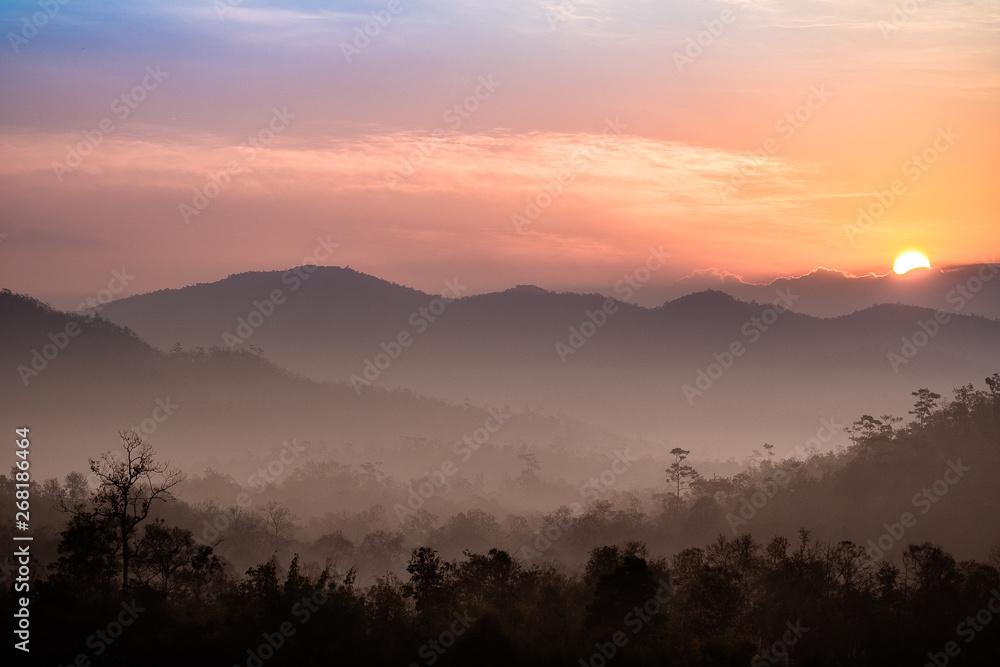 Landscape Scenery Sea Fog Sunrise Mountain and Colorful Sky in Khun Yuam , Mae Hong Son , Thailand.