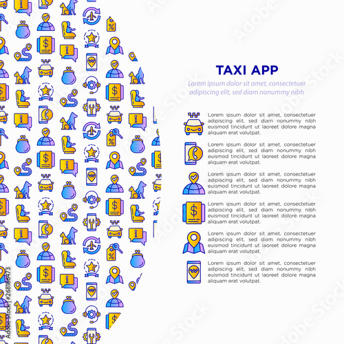 Taxi app concept with thin line icons: payment method, promocode, app settings, info, support service, phone number, pointer, route, destination, airport transfer, baby seat. Vector illustration.