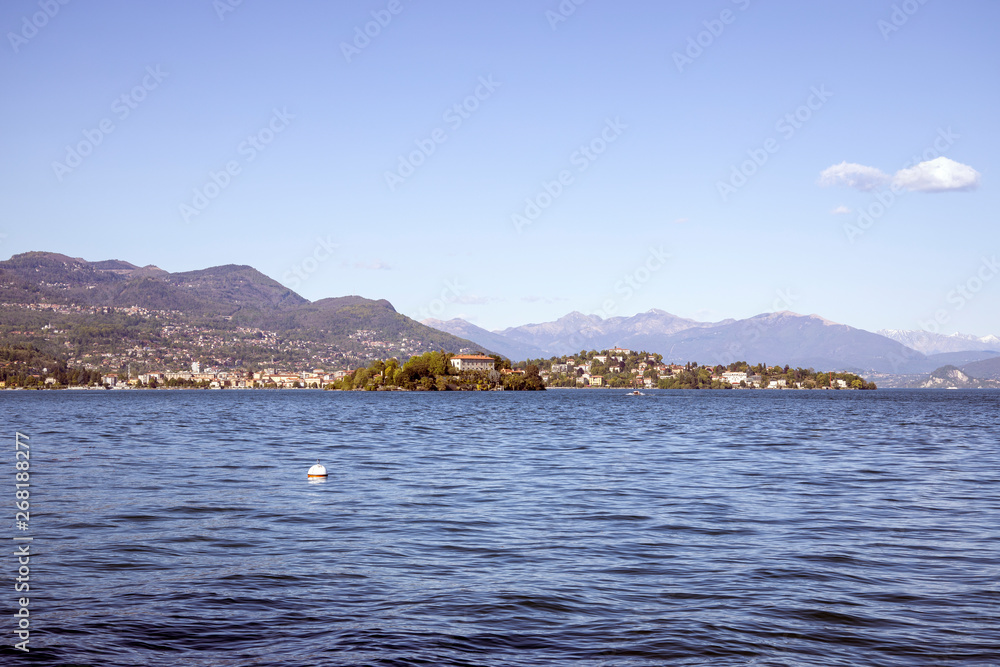 Scenic view of beautiful Lago Maggiore lake and mountains in Piedmont Italy Europe. Travel and vacation concept.- Image