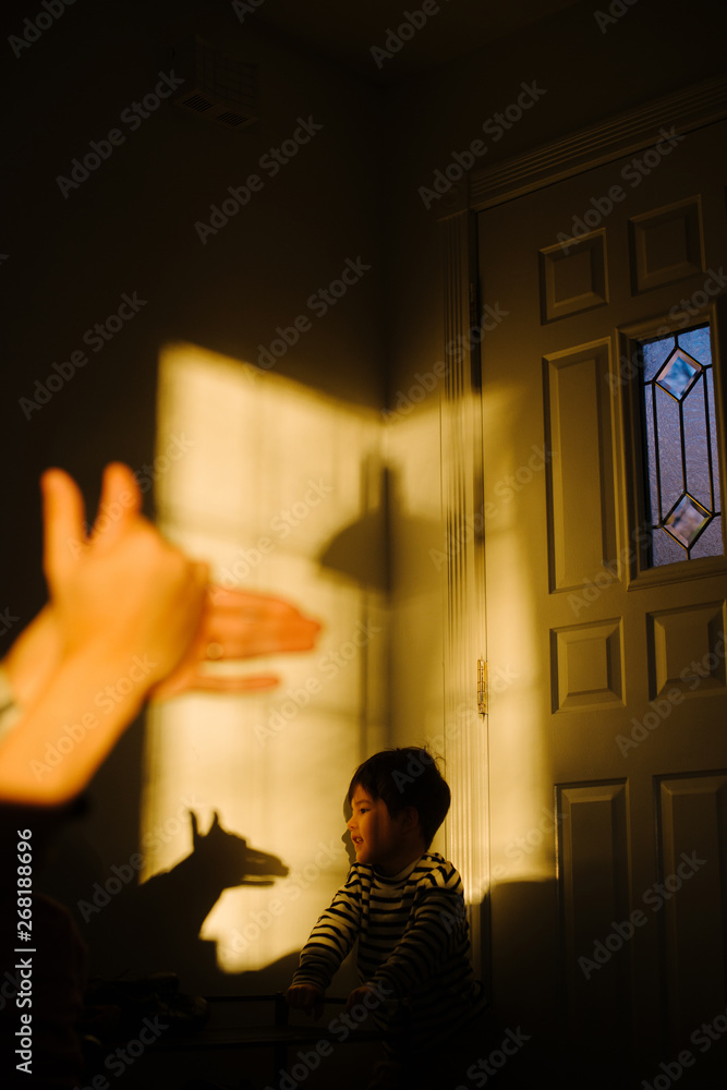 Child laughing at hand shadow puppets on wall Child laughing at hand shadow puppets on wall