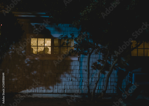 View of a silhouette in a lighted window from the outside of a house