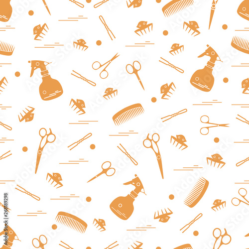 Cute pattern of scissors, combs, hairclip, hairpins and sprayer. For the provision of hairdressing services.