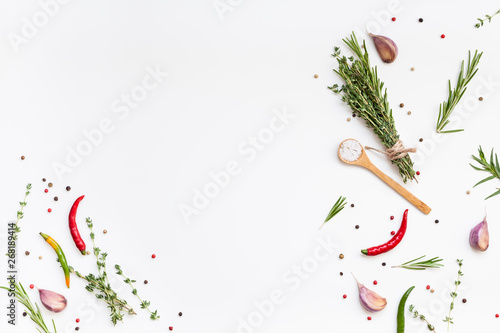 Food background with greens herbs and spices