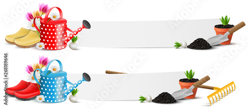 Garten Arbeit Banner Set mit Garten Werkzeug, Pflanzen und Gießkanne für die Terrasse Vektor