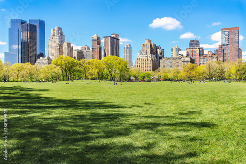 Iconic view of sunlit New York city skyline from flourishing Central Park at spring, with people enjoying the weather during sunny day 