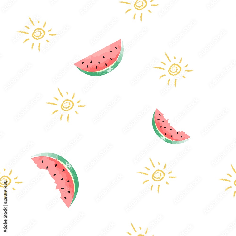 Summer seamless pattern with sun and watermelon on white background. Colorful vector illustration Summer seamless pattern with sun and watermelon on white background. Colorful vector illustration