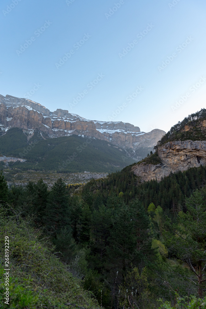 Morning at the main entrance to the Ordesa y Monte Perdido National Park in Huesca, Aragon, Spain.