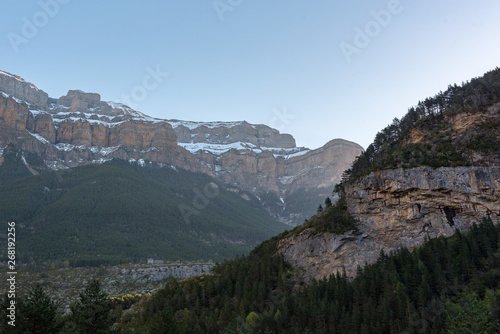 Morning at the main entrance to the Ordesa y Monte Perdido National Park in Huesca, Aragon, Spain.