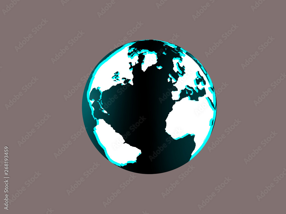 Earth planet Isolated Atlantic ocean Shadow lighting globe of Earth planet with luminous continents and blue world ocean on gray background 3d illustration