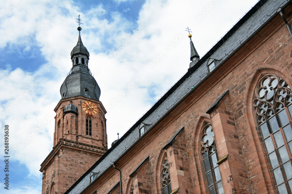 Tower of most famous church in Heidelberg, Germany, Church of the Holy Spirit, called 'Heiliggeistkirche' in German