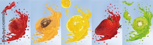 Fruit juice. Realistic fruits kiwi, apricot, pomegranate, lemon, strawberry. 3d vector illustration. Set splashes with fruits.