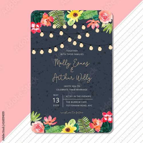 wedding invitation with tropical summer floral watercolor and string light background