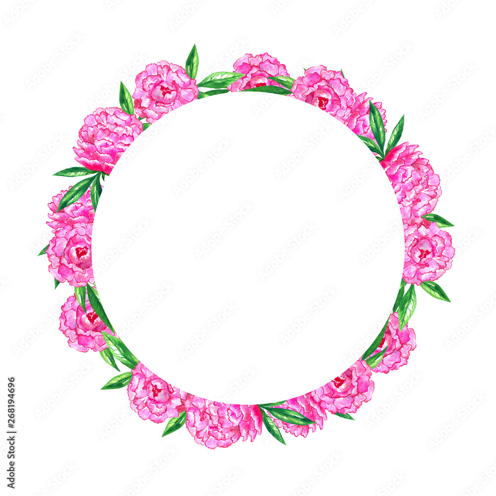 Bright pink peonies. Round floral frame. Watercolor hand drawn illustration.