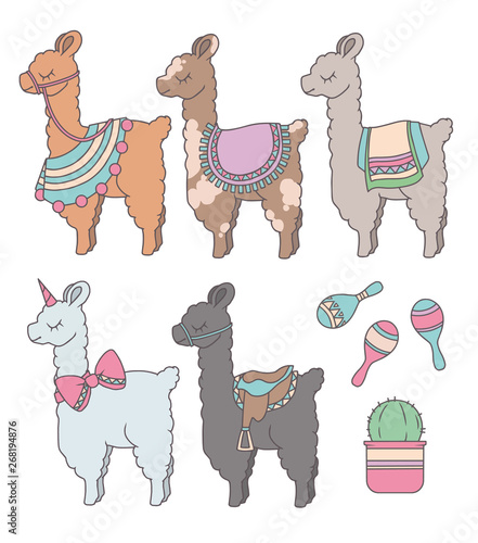 Cute cartoon llamas or alpacas with cactus and mexican rumba shaker graphic design illustration set 