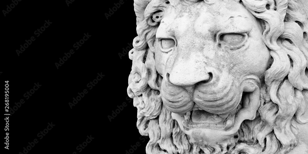 Sculpture of a medieval lion head of stone (Italy) - Image with copy space isolated on black background for easy selection