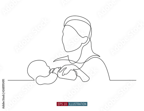 Continuous line drawing of mother feeds the child. Template for your design works. Vector illustration.