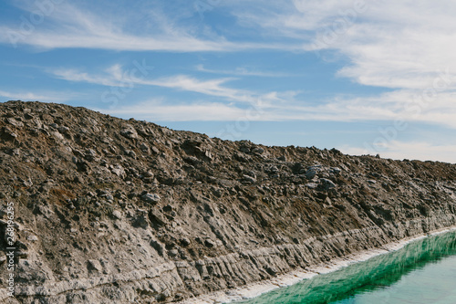 Calcium chloride mine tailings and canal in desert photo