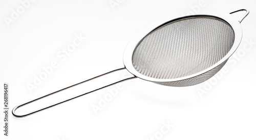 Metallic colander for cooking (kitchenware collection). Isolated on white background.