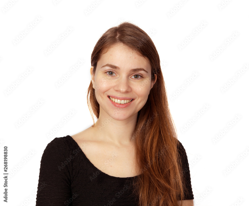 Brown-haired young woman smiling portrait on white background Brown-haired young woman smiling portrait on white background